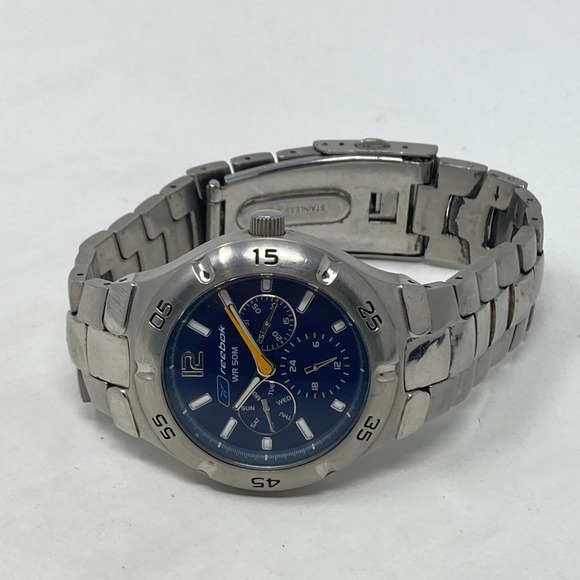 Reebok Watch Men 39mm Silver Tone Blue Dial Day Date WR 50M New Battery 8.25" - Picture 11 of 15